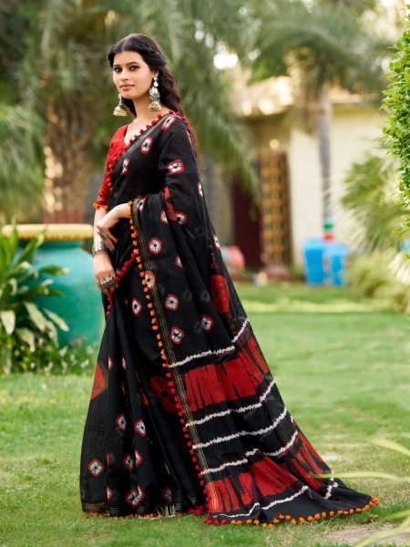 Wholesale Deal Pure Cotton Saree with Stylish Pom-Pom Edge 