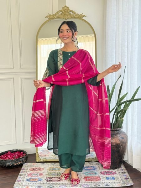 Wholesale Embroidered Vichitra Silk Suit Set Readymade Kurti with Dupatta Set 