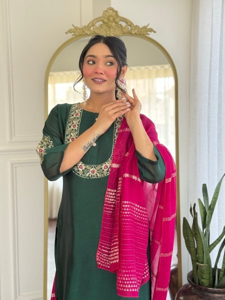 Wholesale Embroidered Vichitra Silk Suit Set Readymade Kurti with Dupatta Set 3 Piece Kurti Set