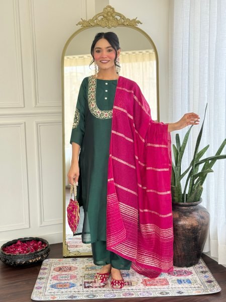 Wholesale Embroidered Vichitra Silk Suit Set Readymade Kurti with Dupatta Set 3 Piece Kurti Set