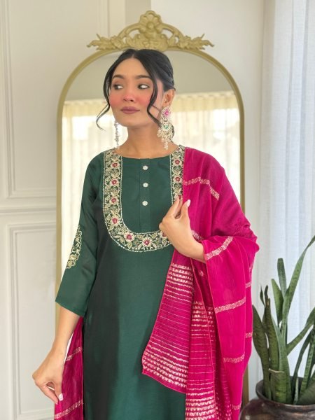 Wholesale Embroidered Vichitra Silk Suit Set Readymade Kurti with Dupatta Set 3 Piece Kurti Set