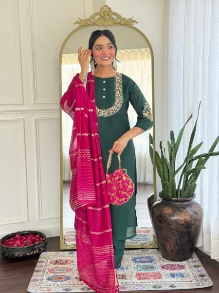 Wholesale Embroidered Vichitra Silk Suit Set Readymade Kurti with Dupatta Set 3 Piece Kurti Set