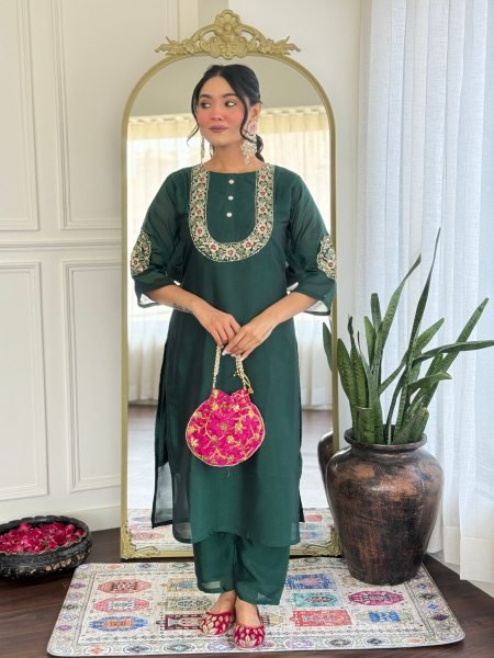 Wholesale Embroidered Vichitra Silk Suit Set Readymade Kurti with Dupatta Set 3 Piece Kurti Set