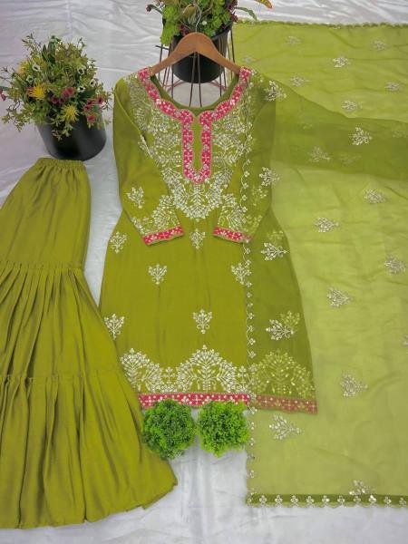 Wholesale Rate  Heavy Embroidered Chinon Silk Gharara Set Fully Stitched   Ready to Wear collection by royal export  Ready To Wear Collection