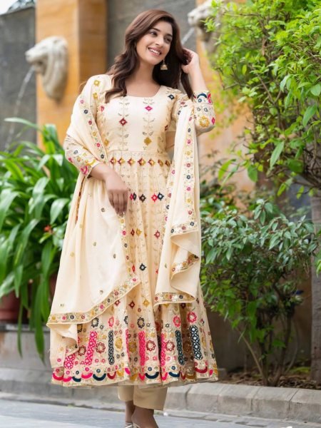Wholesale Ready to Wear Anarkali Set Embroidered Chinon Silk with Full Flair   Dupatta 