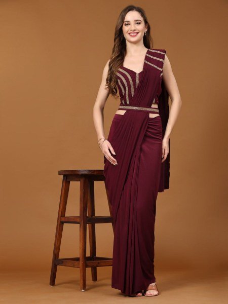 Wine Affair Maroon Crystal Ready Saree for Elegant Evening Looks