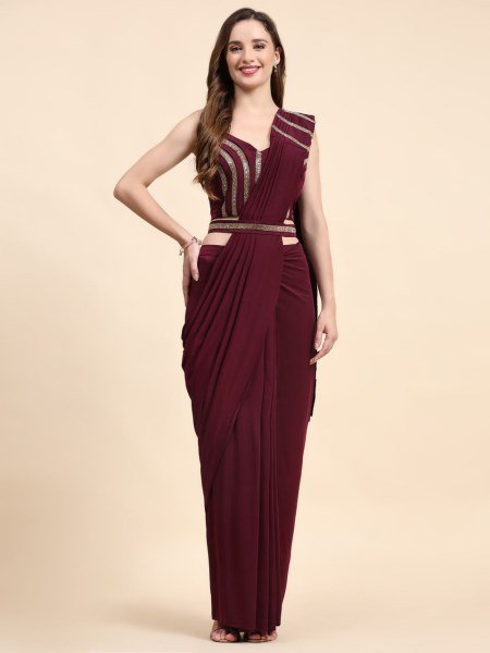Wine Affair Maroon Crystal Ready Saree for Elegant Evening Looks Ready To Wear Saree 