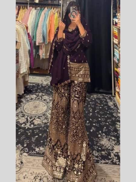 Wine Chinon Heavy Embroidered Palazzo Suit For Women