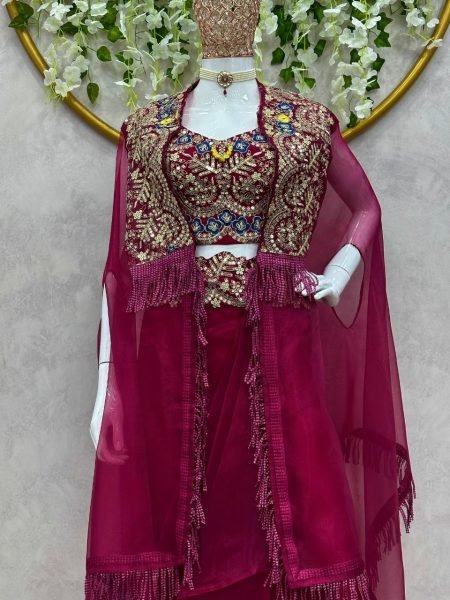 Wine Choli Western Dhoti With Shrug Set Designer Lehenga Choli