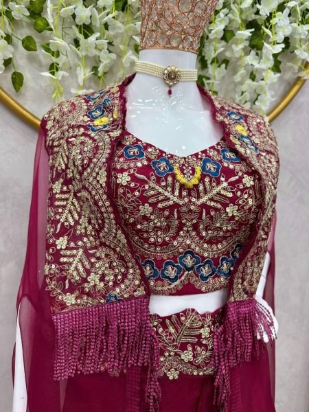 Wine Choli Western Dhoti With Shrug Set Designer Lehenga Choli