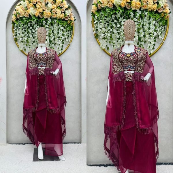 Wine Choli Western Dhoti With Shrug Set Designer Lehenga Choli