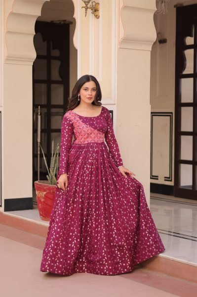 Wine Color Position Print Choli Gown with Jacquard Weaving Patta Ready to Wear Wholesale Price Anarkali Kurtis 