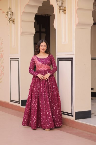 Wine Color Position Print Choli Gown with Jacquard Weaving Patta Ready to Wear Wholesale Price Anarkali Kurtis 