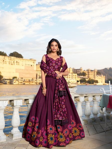 WIne Color Tussar Silk Floral Printed Lehenga Choli 