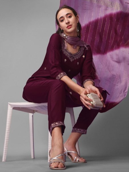 Wine Color Viscose Rayon Sequence Kurti Set  Ready To Wear Collection