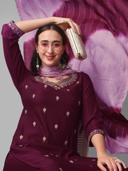 Wine Color Viscose Rayon Sequence Kurti Set  Ready To Wear Collection