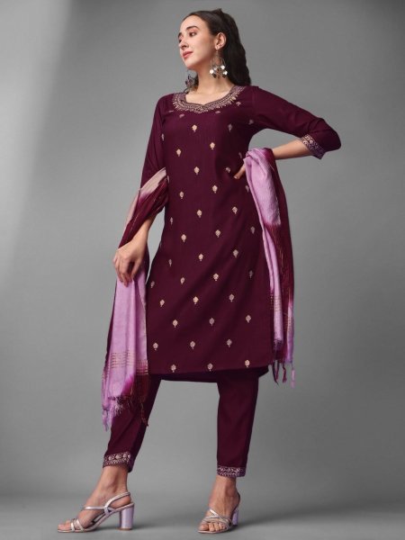 Wine Color Viscose Rayon Sequence Kurti Set  Ready To Wear Collection
