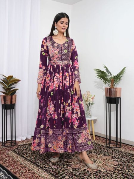 Wine Colour Floral Printed Flared Maxi Gown Dress Georgette Kurti 