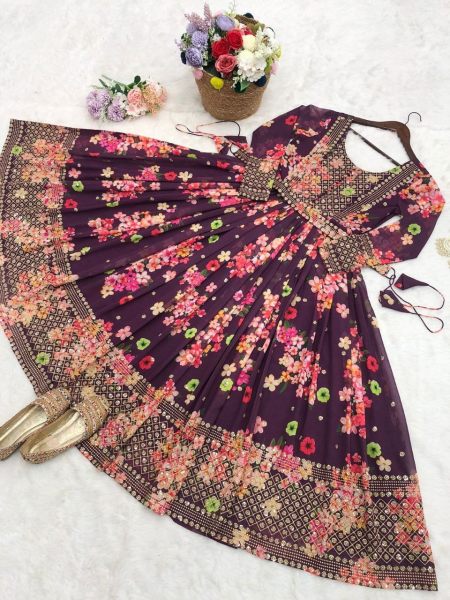 Wine Colour Floral Printed Flared Maxi Gown Dress Georgette Kurti 