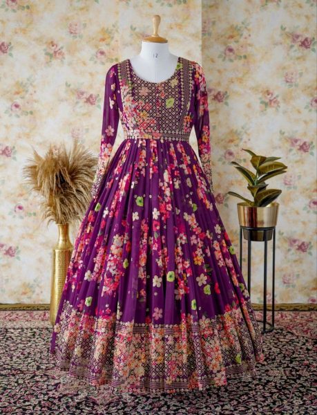 Wine Colour Floral Printed Flared Maxi Gown Dress Georgette Kurti 