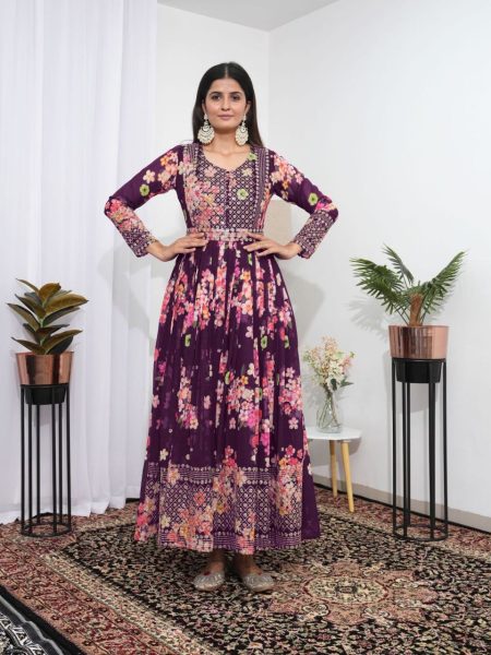 Wine Colour Floral Printed Flared Maxi Gown Dress Georgette Kurti 