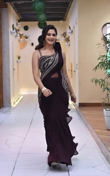 Wine Georgette Sequence Work Ruffle Ready To Wear Saree Ready To Wear Saree 