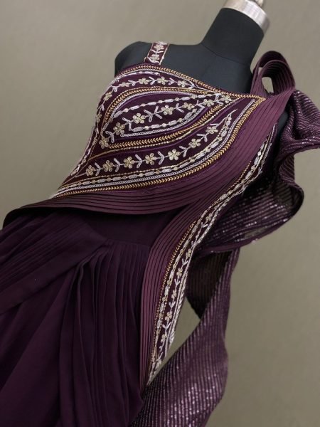 Wine Georgette Sequence Work Ruffle Ready To Wear Saree Ready To Wear Saree 