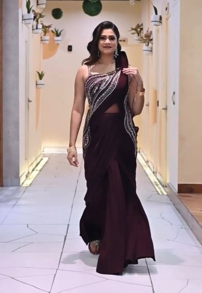 Wine Georgette Sequence Work Ruffle Ready To Wear Saree Ready To Wear Saree 