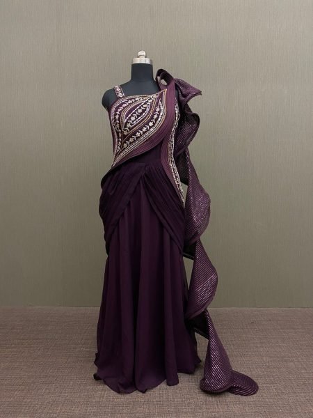 Wine Georgette Sequence Work Ruffle Ready To Wear Saree Ready To Wear Saree 
