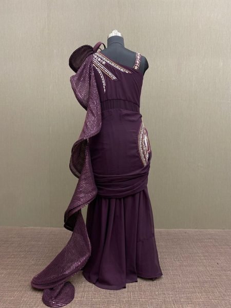 Wine Georgette Sequence Work Ruffle Ready To Wear Saree Ready To Wear Saree 