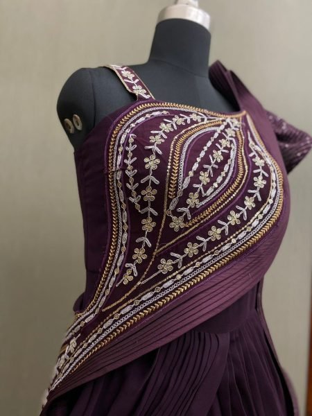 Wine Georgette Sequence Work Ruffle Ready To Wear Saree Ready To Wear Saree 