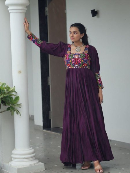 Wine Kutchi Embroidered Rayon Gown Navratri Special Festival Collection 