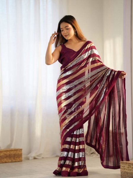 Wine Maroon Georgette Partywear Saree with Sequin   Embroidery Work Wholesale Export Quality 