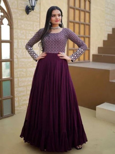 Wine Purple Georgette Gown with Thread Embroidery Ready for Party Wear Georgette Kurti 