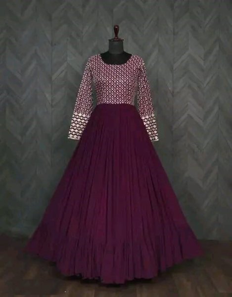 Wine Purple Georgette Gown with Thread Embroidery Ready for Party Wear Georgette Kurti 