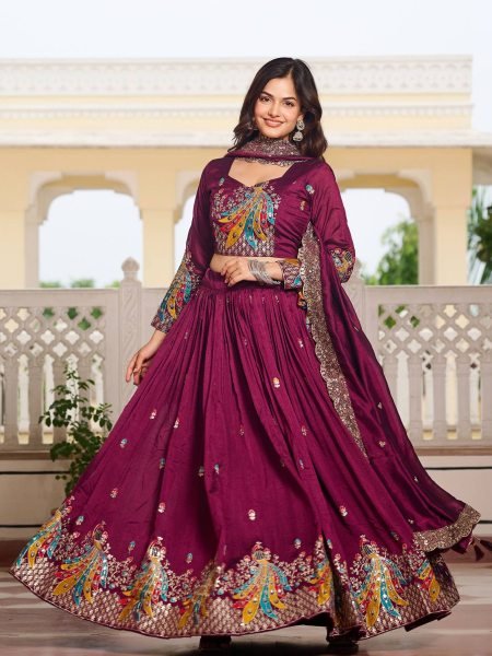 Wine Vichitra Silk Lehenga Choli with Sequin Work Perfect for Wedding and Party  Lehenga