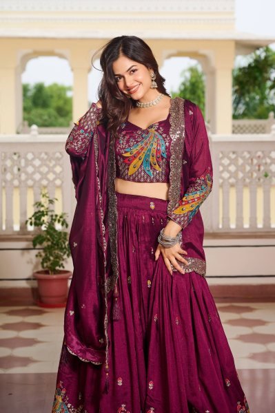 Wine Vichitra Silk Lehenga Choli with Sequin Work Perfect for Wedding and Party Designer Lehenga Choli