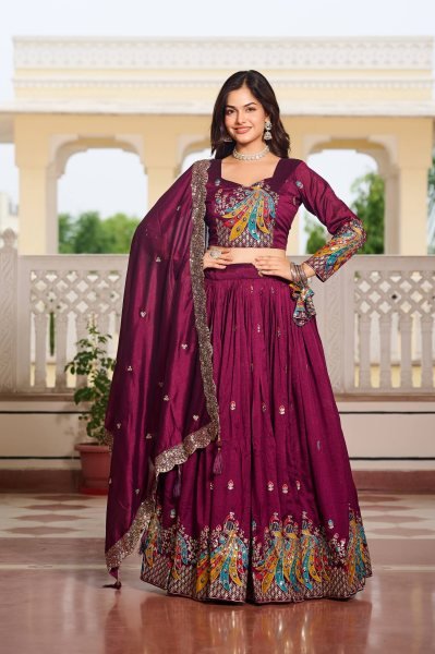 Wine Vichitra Silk Lehenga Choli with Sequin Work Perfect for Wedding and Party Designer Lehenga Choli