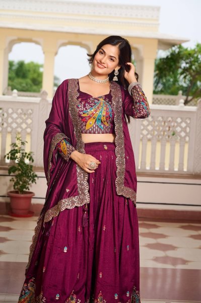 Wine Vichitra Silk Lehenga Choli with Sequin Work Perfect for Wedding and Party Designer Lehenga Choli