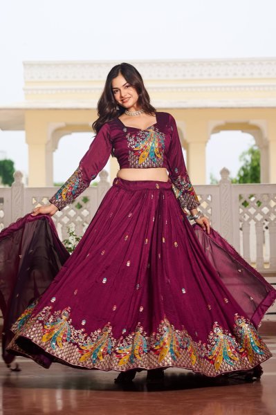 Wine Vichitra Silk Lehenga Choli with Sequin Work Perfect for Wedding and Party Designer Lehenga Choli
