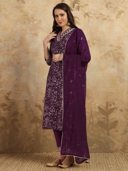 Wine  Viscose Chanderi Kurti Pant Set 3 Piece Kurti Set