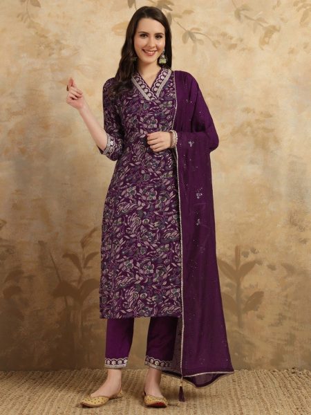 Wine  Viscose Chanderi Kurti Pant Set 3 Piece Kurti Set