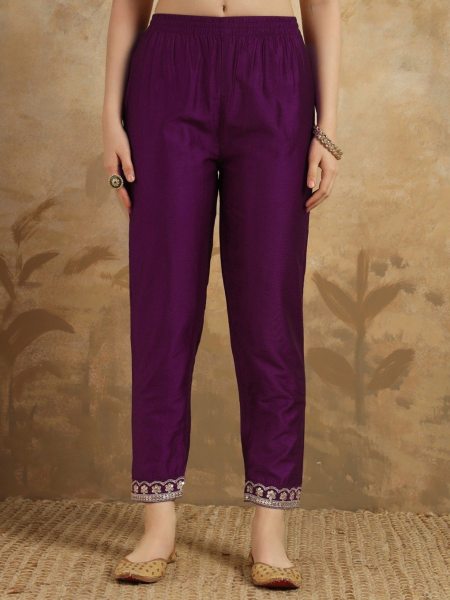 Wine  Viscose Chanderi Kurti Pant Set 3 Piece Kurti Set