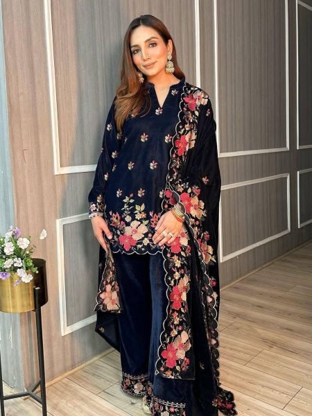 Winter Special Elegant Navy Velvet Palazzo Suit with Floral Embroidery and Dupatta Perfect for Weddings Winter Wear