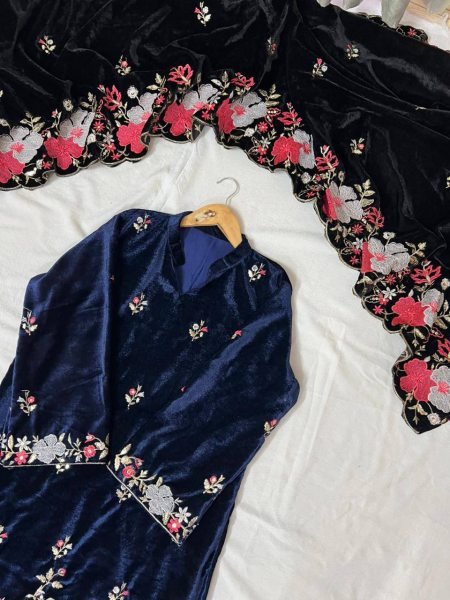 Winter Special Elegant Navy Velvet Palazzo Suit with Floral Embroidery and Dupatta Perfect for Weddings Ready To Wear Collection