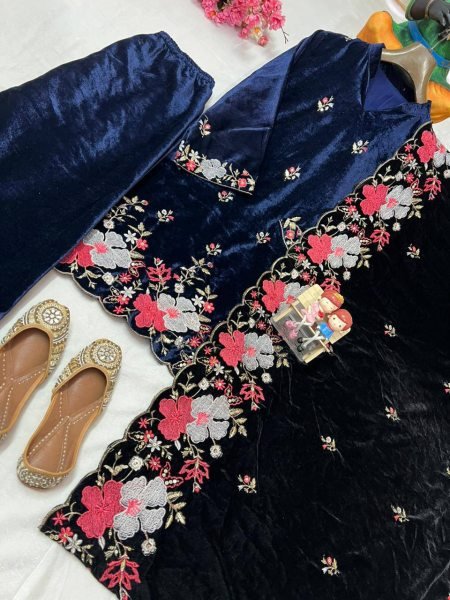 Winter Special Elegant Navy Velvet Palazzo Suit with Floral Embroidery and Dupatta Perfect for Weddings Ready To Wear Collection