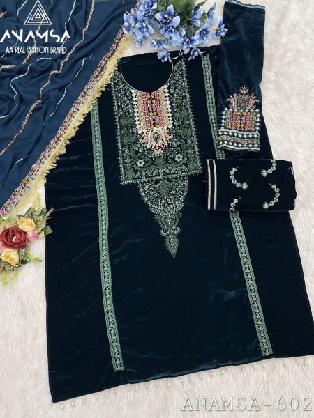 Winter Special Heavy Pure Velvet Suit set with Heavy Embroidery and Sequence work  Embroidery Suits Wholesale