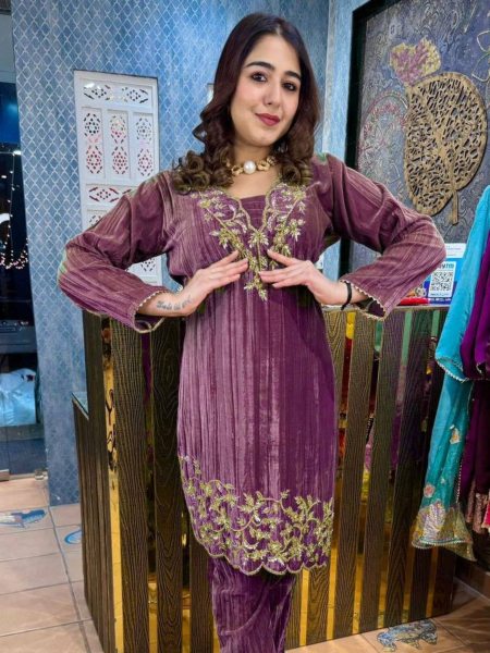 Winter Special  Mauve Velvet Co ord set by Royal Export  Kurtis