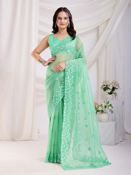Women Beautiful Designer Embroidery Light Green Saree For Best Price   