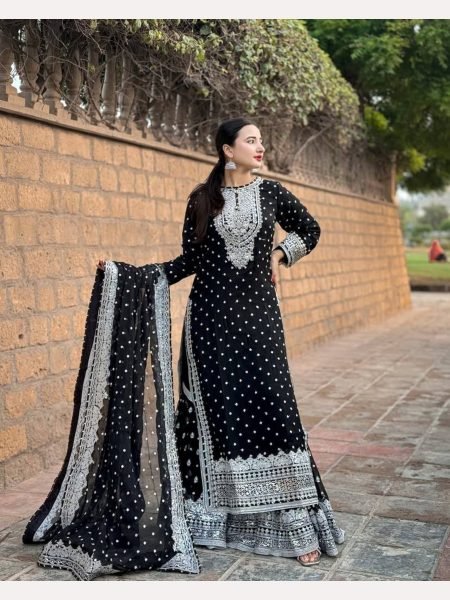 Women Black  Designer Foux Georgette  Embroidery and Sequence  work Sharara set Ready To Wear Collection